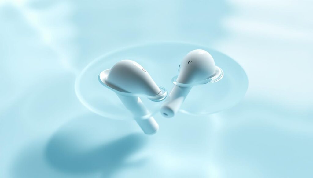 A high-angle close-up view of a pair of Apple AirPods, partially submerged in clear water, showcasing their water resistance capabilities. The AirPods are depicted in a sleek, modern design, with a subtle reflection visible in the water's surface. The scene is illuminated by soft, directional lighting, highlighting the intricate details of the earbuds and the clarity of the water. The background is blurred, keeping the focus on the AirPods and the water, creating a sense of depth and emphasizing the product's key feature.