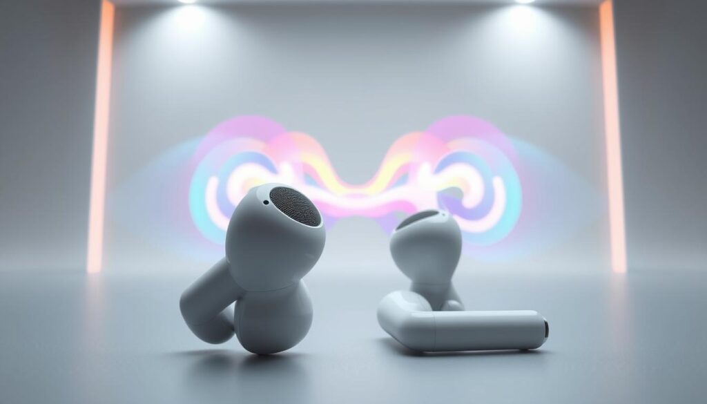 A highly detailed, photorealistic image of the latest Apple AirPods (3rd Generation) Wireless Earbuds, showcasing their Spatial Audio capabilities. The earbuds are showcased in the foreground, with a crisp, sharp focus. The middle ground depicts a captivating 3D visualization of the Spatial Audio technology, with colorful, undulating sound waves emanating from the earbuds. The background is a clean, minimalist studio setting with subtle lighting, creating a premium, high-end atmosphere. The overall scene conveys the exceptional sound quality and immersive performance of the new Apple AirPods.