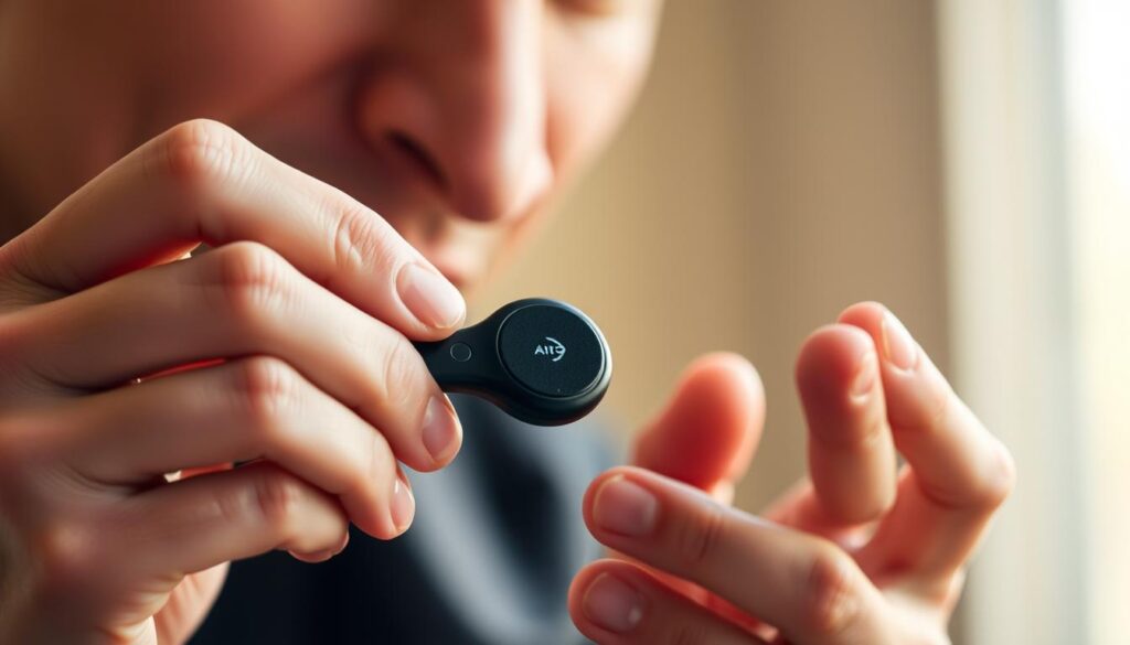 A person holding an AirTag tracker, closely examining it with a focused, thoughtful expression. The AirTag is prominently displayed in the foreground, showcasing its compact, discreet design. The person's hands are visible, conveying a sense of care and attention as they interact with the device. The background is softly blurred, placing the emphasis on the user's experience with the AirTag. The lighting is natural and warm, creating a serene, relatable atmosphere that reflects the practical utility of the product.