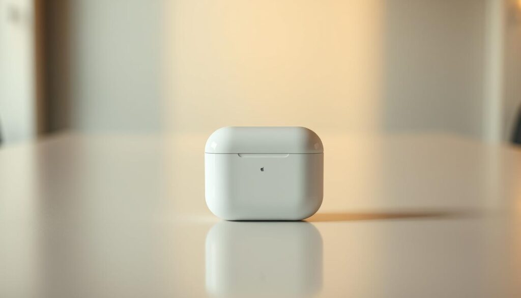 A sleek, high-quality Apple AirPods charging case resting on a white surface, bathed in warm, diffused lighting that highlights its clean, minimalist design. The case is positioned in the center of the frame, with a soft, blurred background that allows the subject to be the focal point. The case's glossy, white exterior reflects the lighting, creating a sense of depth and dimension. The overall atmosphere is crisp, modern, and visually captivating, showcasing the premium quality and attention to detail that defines the Apple brand.