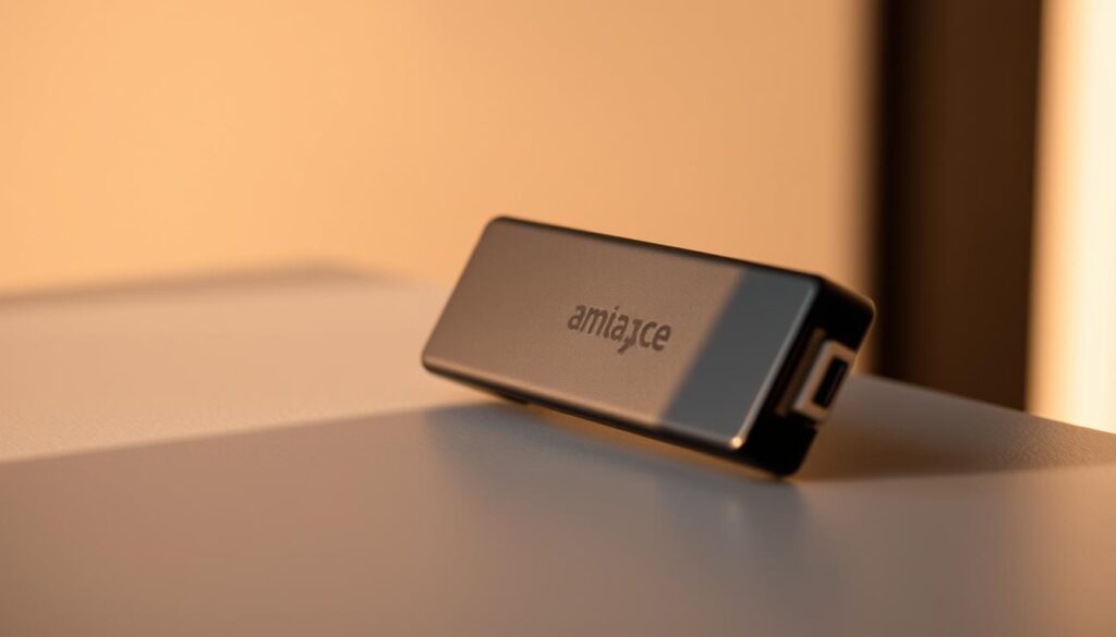 A sleek, modern Amazon Fire TV Stick HD device resting on a minimalist, grey surface, its smooth matte black casing and minimalist design capturing the essence of a streamlined user interface. The device is illuminated by warm, diffused lighting, casting subtle shadows that accentuate its clean lines. The background is a softly blurred, neutral-toned environment, allowing the Fire TV Stick to be the focal point, showcasing its intuitive and user-friendly on-screen experience.