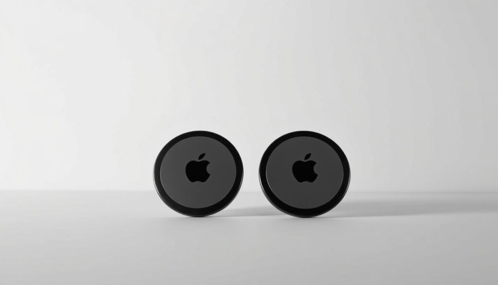 An elegant black-and-white photograph of a pair of Apple AirTags, their sleek circular design highlighted against a plain, minimalist background. The AirTags are positioned prominently in the foreground, casting subtle shadows that add depth and dimension. The lighting is soft and diffused, creating a sense of calm and focus on the devices. The composition is balanced and symmetrical, drawing the viewer's eye directly to the AirTags. The overall mood is one of simplicity, sophistication, and the practical utility of these compact Bluetooth trackers.