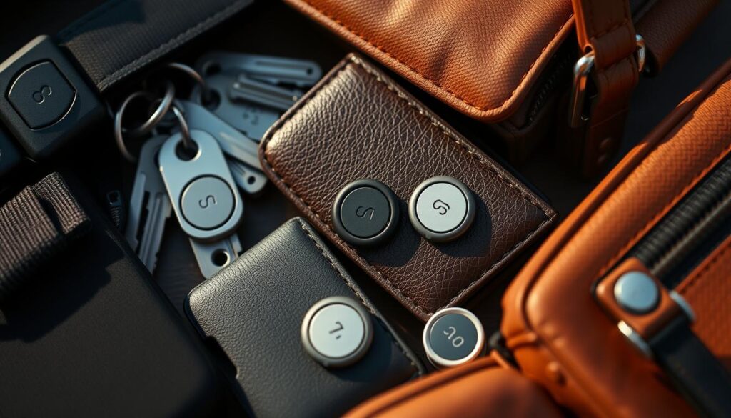 Detailed close-up view of various everyday items, each containing a discreetly integrated AirTag. A set of keys, a wallet, a backpack, and a purse are prominently displayed, their AirTags seamlessly blending into the objects' designs. Warm, natural lighting illuminates the scene, highlighting the compact, unobtrusive nature of the AirTags. The composition emphasizes the practical application of these Bluetooth trackers, showcasing how they can be used to keep valuable possessions secure and easily locatable. The overall mood is one of utility and convenience, inviting the viewer to imagine the many ways AirTags can be discreetly incorporated into their daily life.