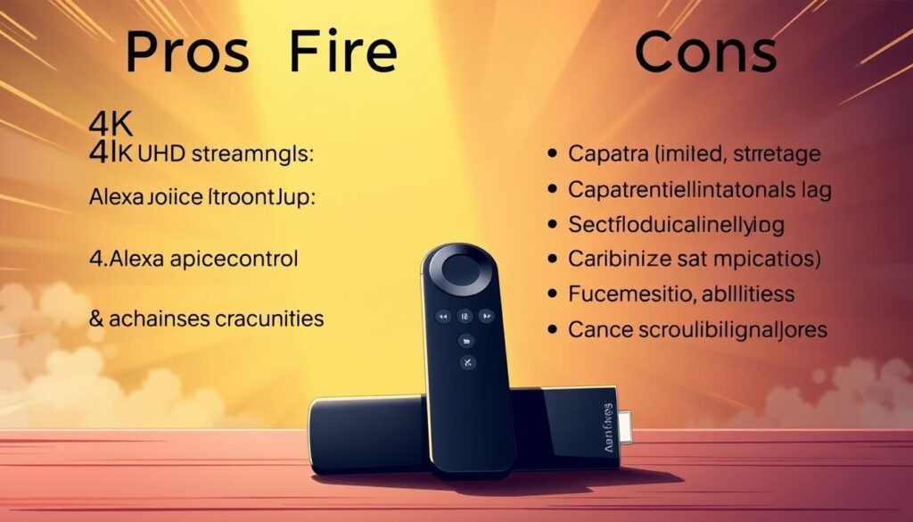 Elegant illustration depicting the pros and cons of the Amazon Fire TV Stick HD. The foreground showcases the device itself, sleek and modern, against a dynamic backdrop. On the left, positive attributes such as 4K UHD streaming, Alexa voice control, and seamless app integration are highlighted in a vibrant, energetic manner. Contrasting this, the right side presents potential drawbacks like limited storage, occasional lag, and compatibility issues in a more subdued, cautionary tone. The scene is bathed in warm, cinematic lighting, creating a balanced and visually compelling composition that effectively conveys the key points of this product review.