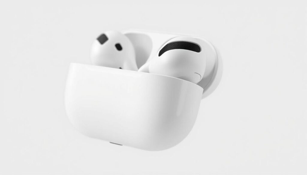 Generate an image of Apple AirPods (3rd Gen) earbuds