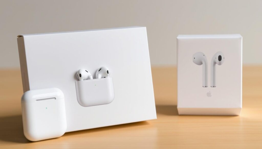 Generate an image of the Apple AirPods (3rd Generation) unboxing experience, showcasing the earbuds and their packaging.
