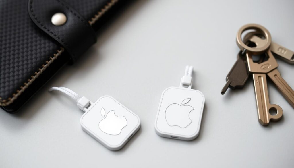 Generate an image of the Apple AirTag 2-Pack next to a wallet and keys.