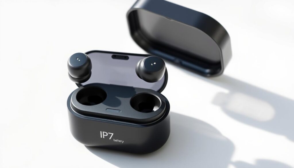 Black wireless earbuds with charging case displaying LED battery indicator