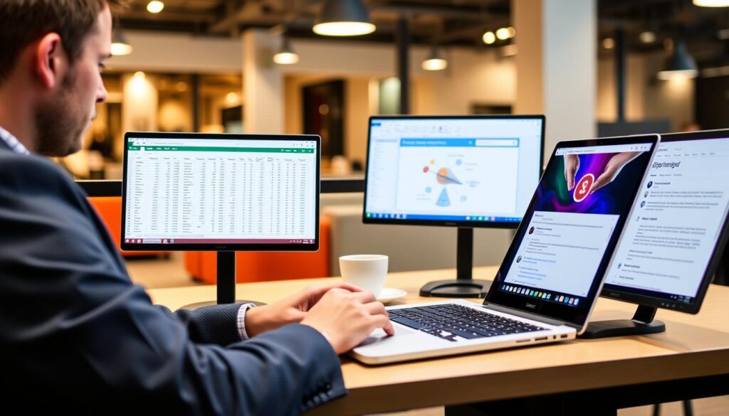 Business professional using laptop screen extender for data analysis and presentations
