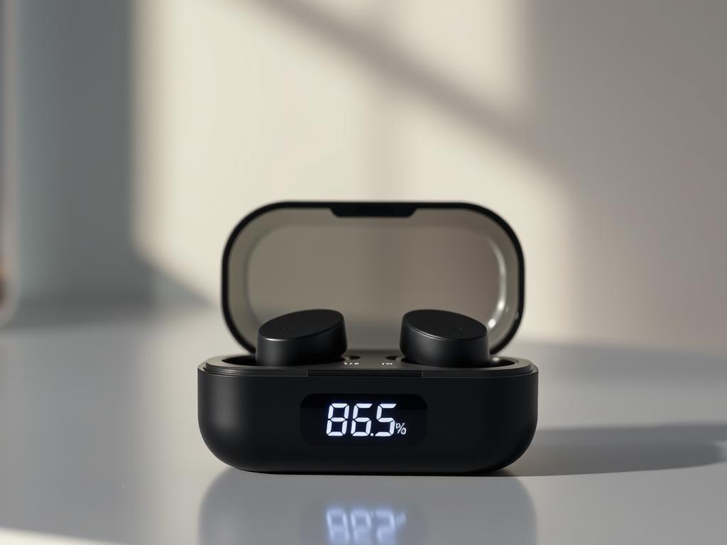 Charging case with LED display showing battery percentage