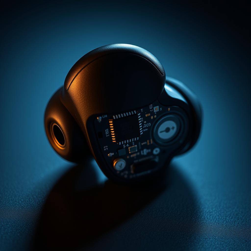 Close-up of wireless earbuds showing technical features and Bluetooth 5.4 connectivity