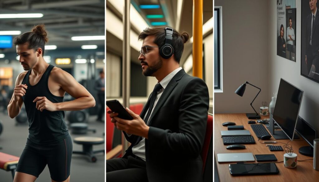 Collection of wireless earbuds in different usage scenarios