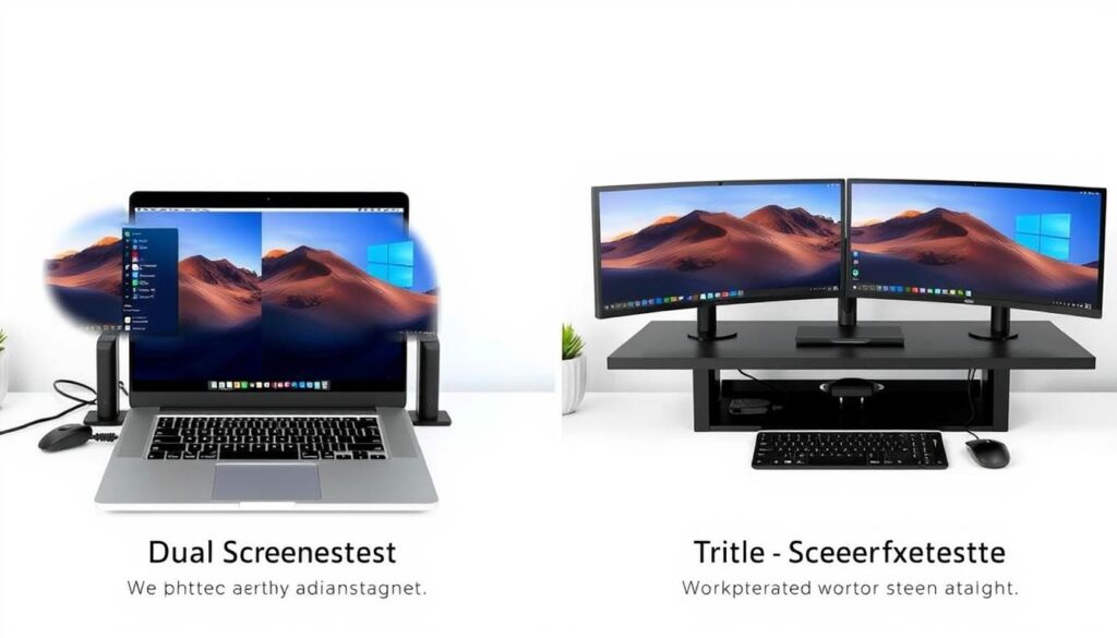 Comparison of dual and triple monitor setups with laptop screen extender