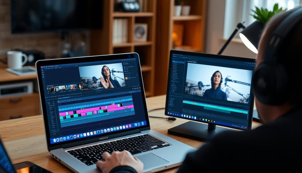 Content creator using laptop screen extender for video editing