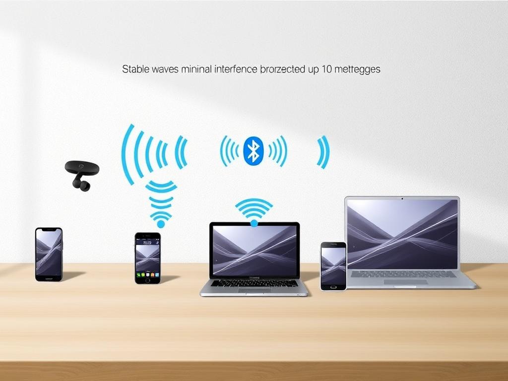 Diagram showing Bluetooth 5.4 connectivity between earbuds and multiple devices