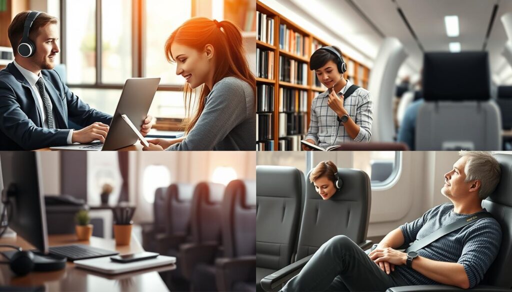 Different users enjoying BERIBES Bluetooth Headphones in various settings