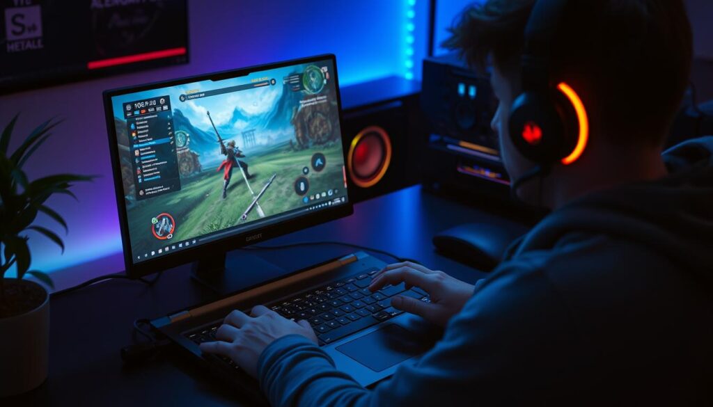 Gamer using laptop screen extender for enhanced gaming experience
