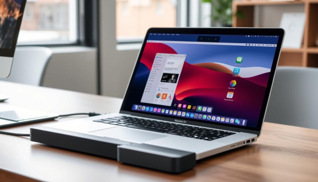 Laptop screen extender attached to a laptop showing extended desktop workspace
