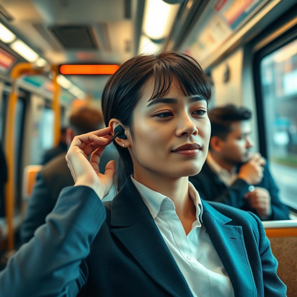 Person using wireless earbuds during commute on public transportation