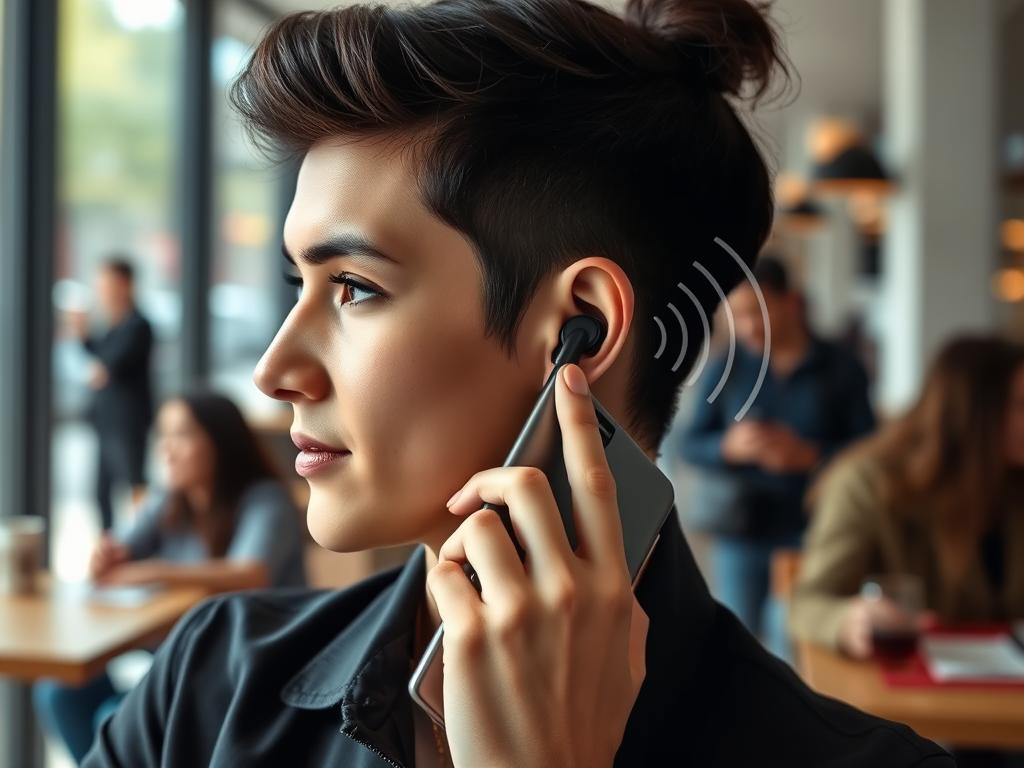 Person using wireless earbuds for a call in a busy environment