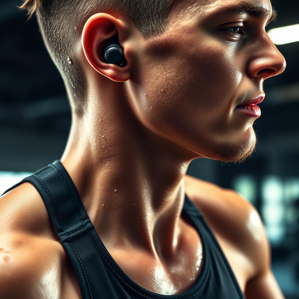 Person wearing wireless earbuds during intense workout