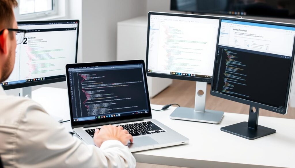 Professional using laptop screen extender for coding with multiple windows open