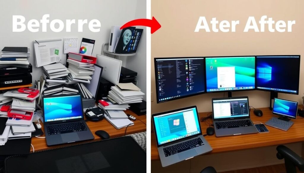 Professional workspace with laptop and screen extender showing productivity improvement