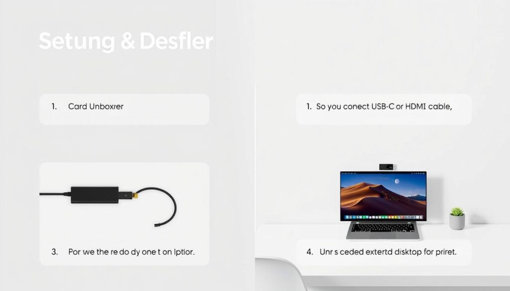 Step-by-step setup of laptop screen extender showing connections