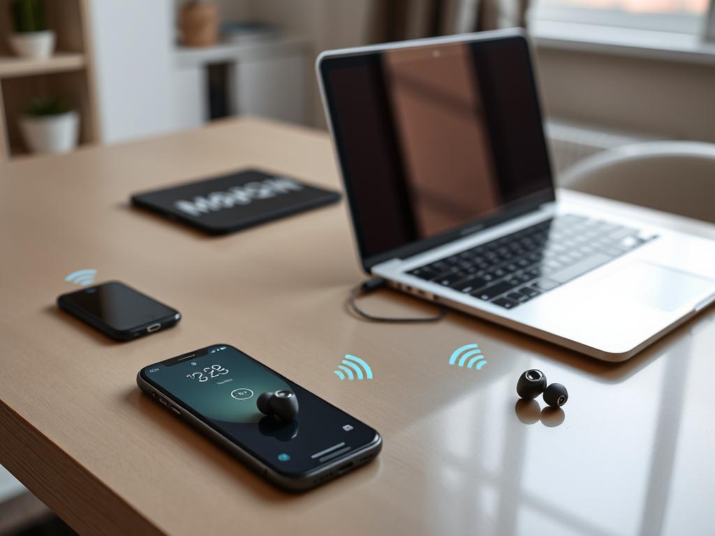 Wireless earbuds connected to multiple devices including smartphone, laptop and tablet