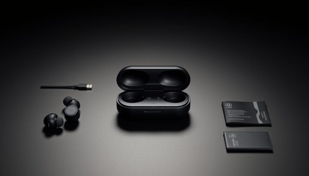 Wireless earbuds with charging case on elegant background