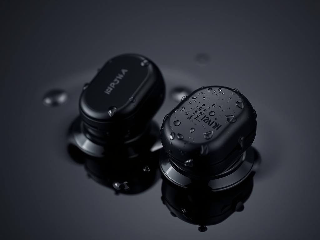 Wireless earbuds with water droplets demonstrating IP7 waterproof rating