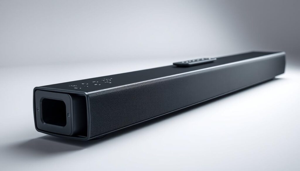 Design da Soundbar Samsung HW-B400F mostrando detalhes de construção