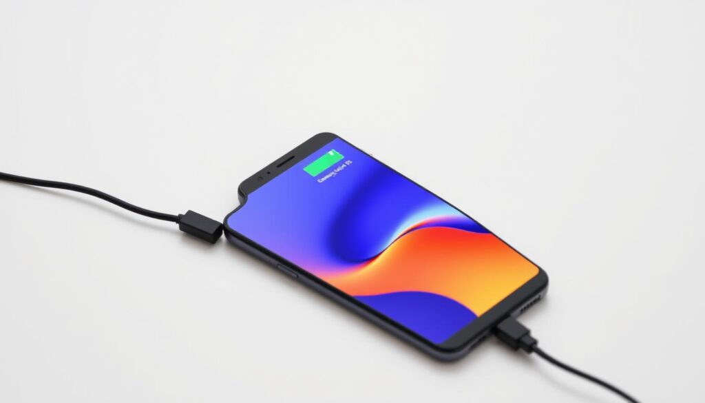 Smartphone Samsung Galaxy A05s conectado ao carregador