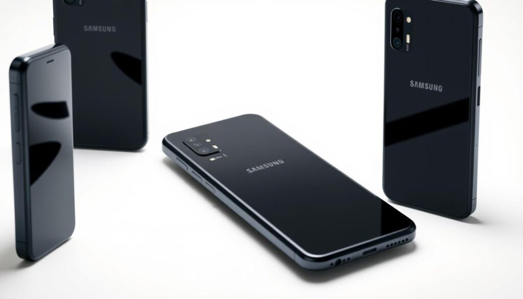 Smartphone Samsung Galaxy A05s na cor preta em diferentes ângulos