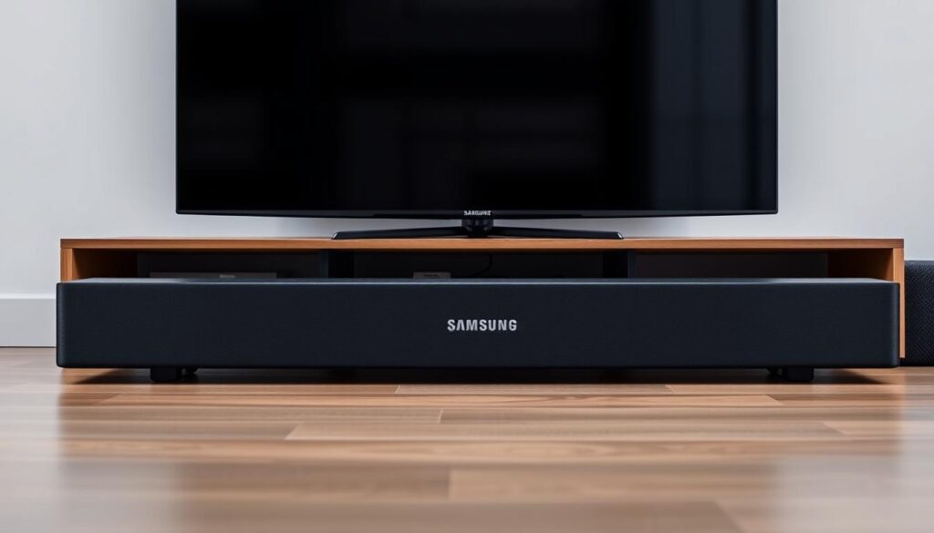 Soundbar Samsung HW-B400F em ambiente de sala de estar
