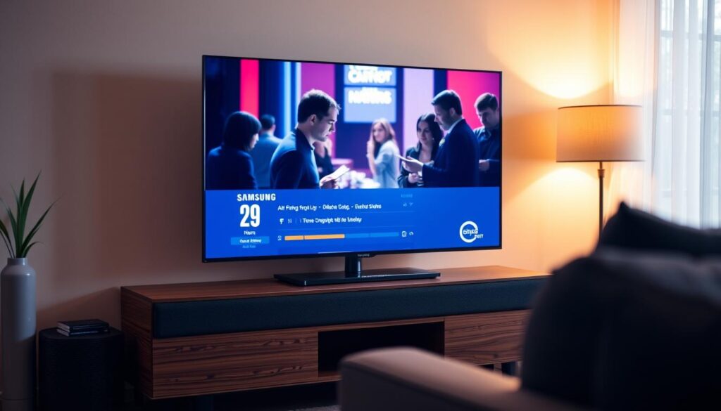 Soundbar Samsung HW-B400F em uso com TV mostrando filme