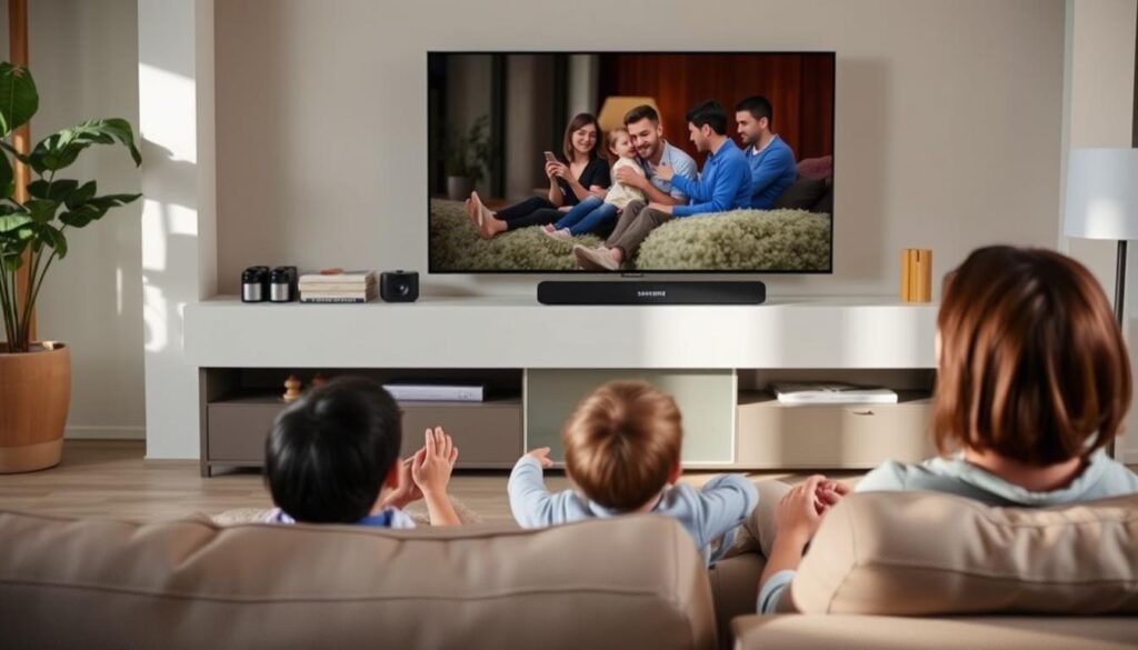 Soundbar Samsung HW-B400F em uso em sala de estar